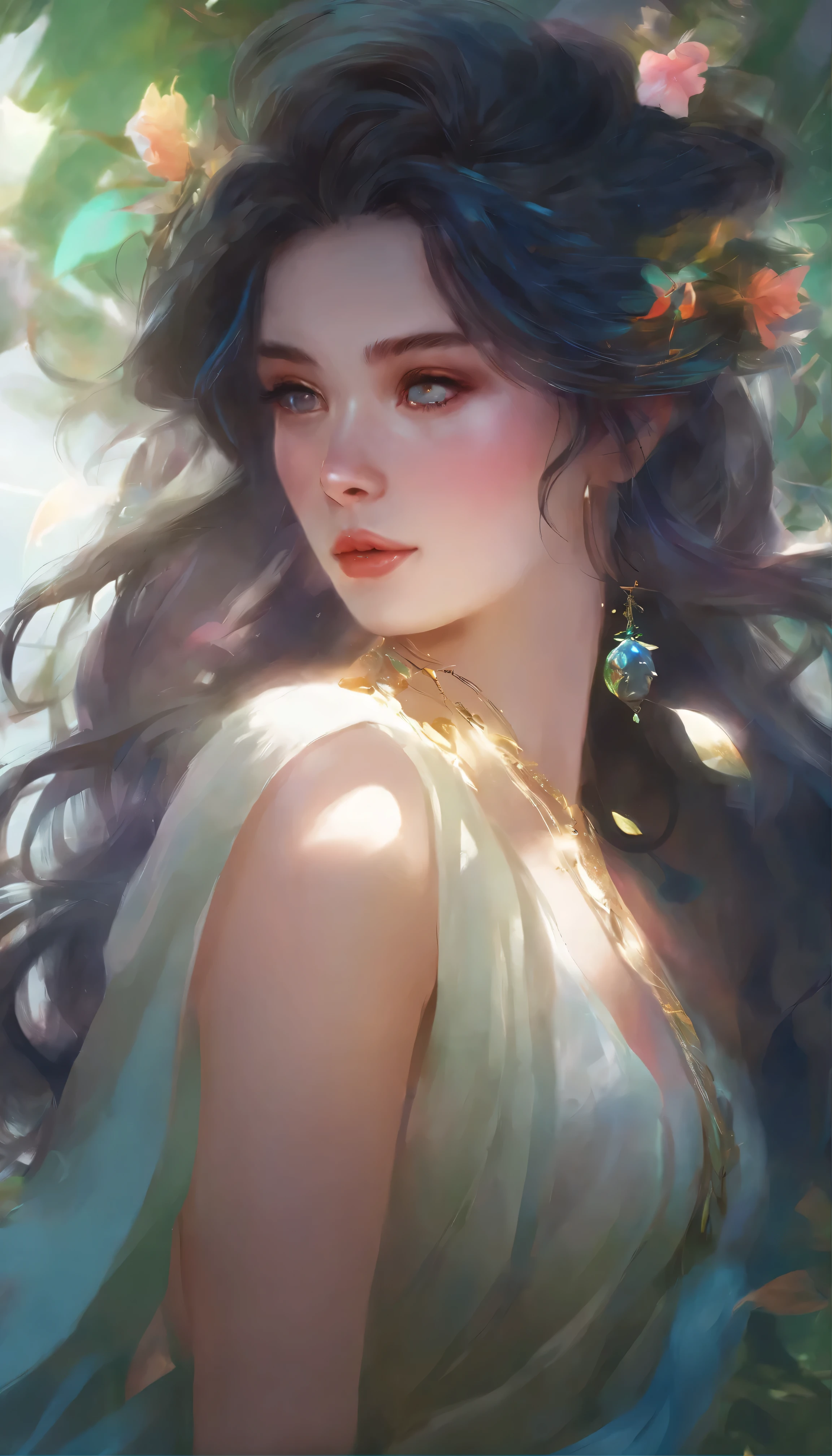 Close-up of a woman with colorful hair and necklace、Anime girl with space hair、The soft vitality of Rossdraws、Gouvez style artwork、Fantasy art style、colorful]、Vibrant fantasy style、Vibrant Rossdraws cartoons、Cosmic and colorful、Guweiz、Colorful digital fantasy art、Stunning art style、Beautiful anime style、White skin、Subtleties