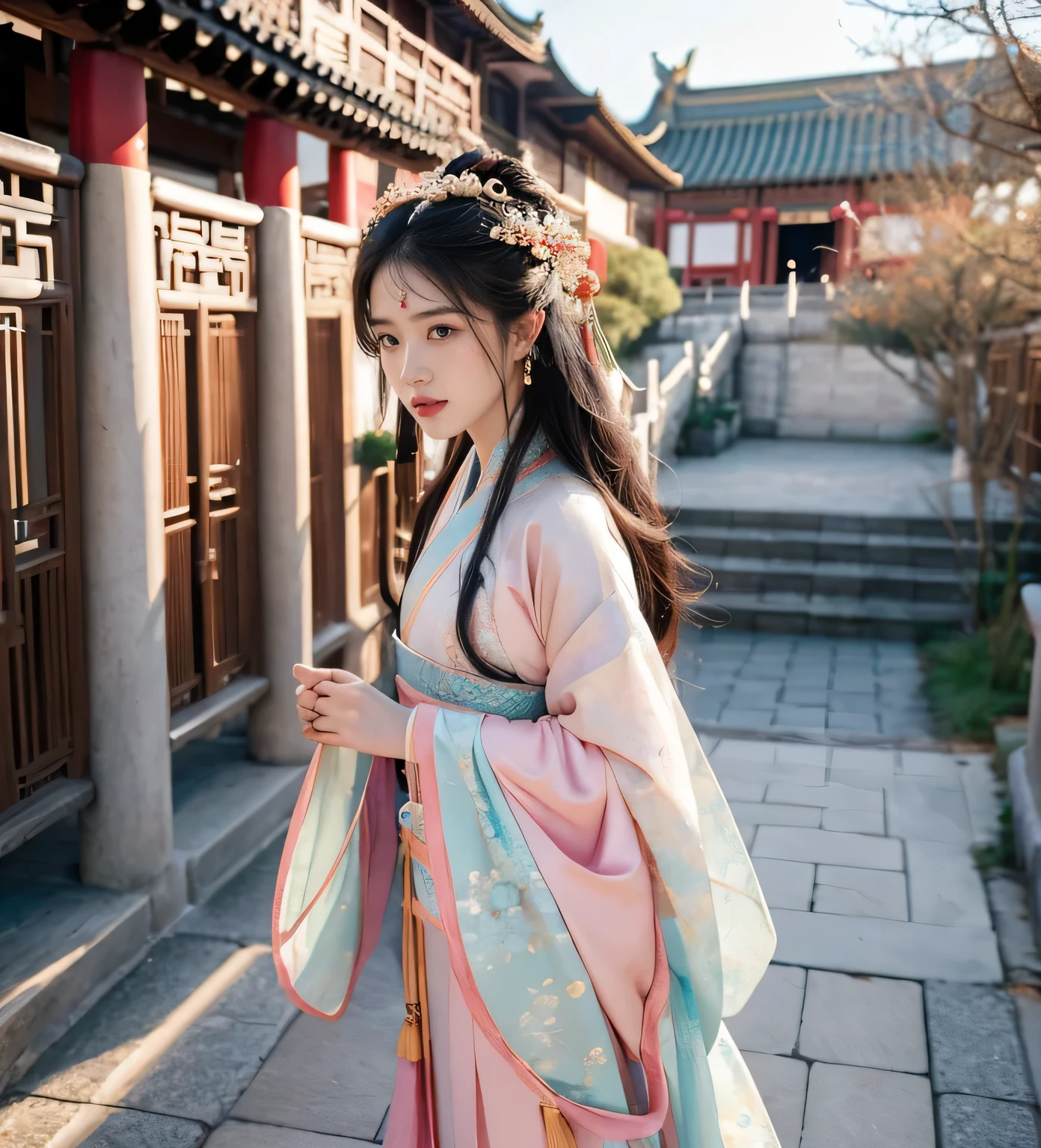 (goddess-like happiness:1.2), Gentle and lovely Chinese beauty, charming goose egg face, double eyelids, peach blossom eyes, pink lips, small nose, focused face, close-up of face, super high definition, super detail, full body photo, China's Tang Dynasty Clothing, best ratio, Chinese style, skinny, floating hairs, camera facing, Chinese traditional dress, Hanfu, (RAW photo:1.2), (photorealistic:1.4), (masterpiece:1.3), (intricate details:1.2), A glamorous Chinese beauty walks confidently and elegantly down an old streets of China in Hanfu, and when she reaches the end of a footbridge, she stops and strikes a pose to show off her outfit from all angles.