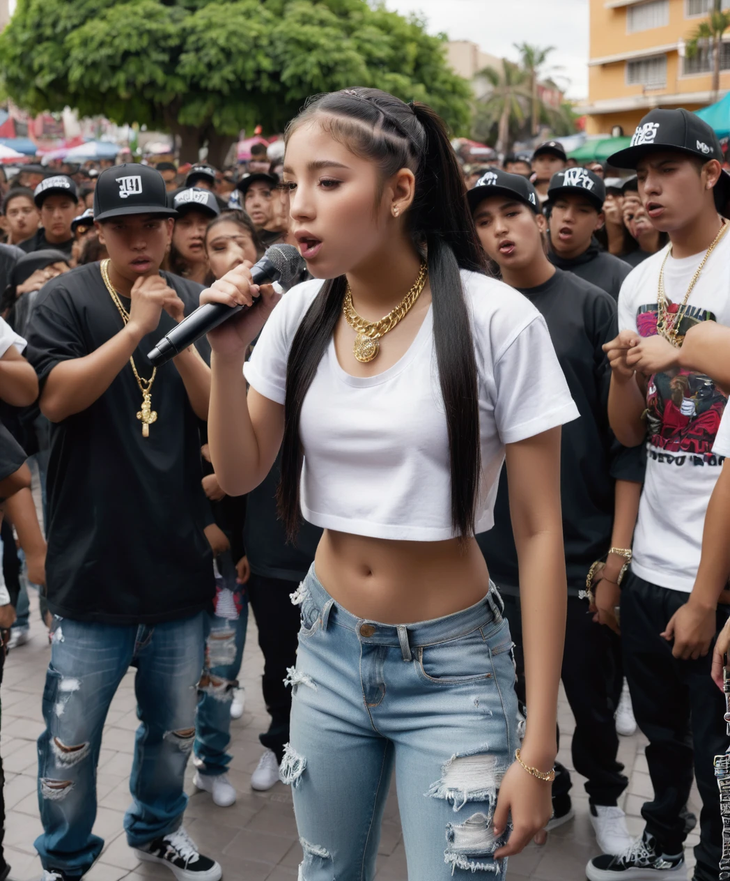 20 year old hip hop girl in a rap battle in a Mexican plaza