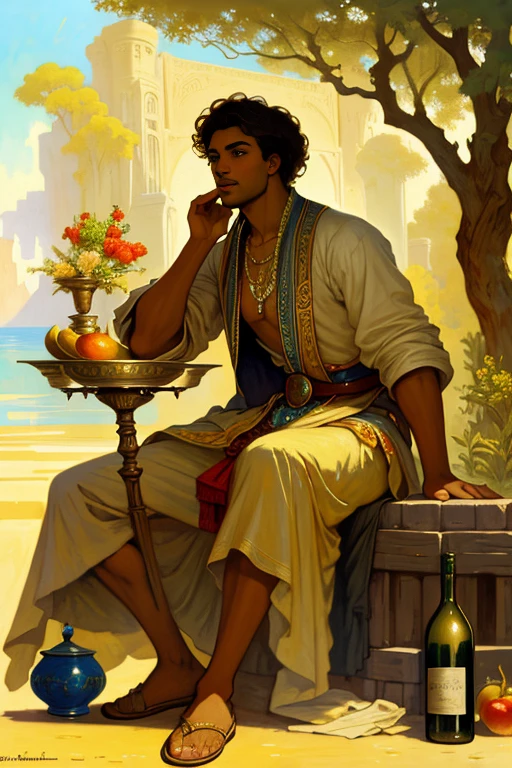 painting of an African man sitting on a rock with a bowl of fruits and a bottle of wine, african man, inspired by François Joseph Heim, by François Bocion, inspired by Carl Heinrich Bloch, by Friedrich Gauermann, inspired by François Bocion, by Johan Grenier, by Frédéric Bazille, orientalist arte de tom of finland, Gaston Bussiere, Alphonse Mucha.