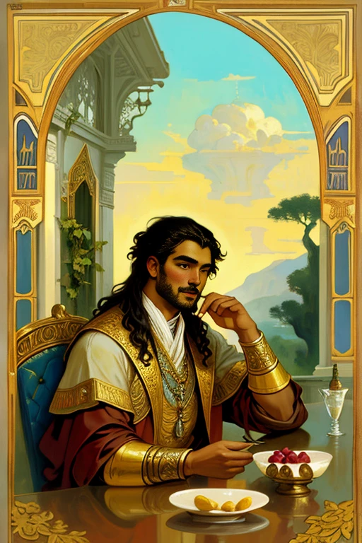 painting of an African man sitting on a rock with a bowl of fruits and a bottle of wine, african man, inspired by François Joseph Heim, by François Bocion, inspired by Carl Heinrich Bloch, by Friedrich Gauermann, inspired by François Bocion, by Johan Grenier, by Frédéric Bazille, orientalist arte de tom of finland, Gaston Bussiere, Alphonse Mucha.