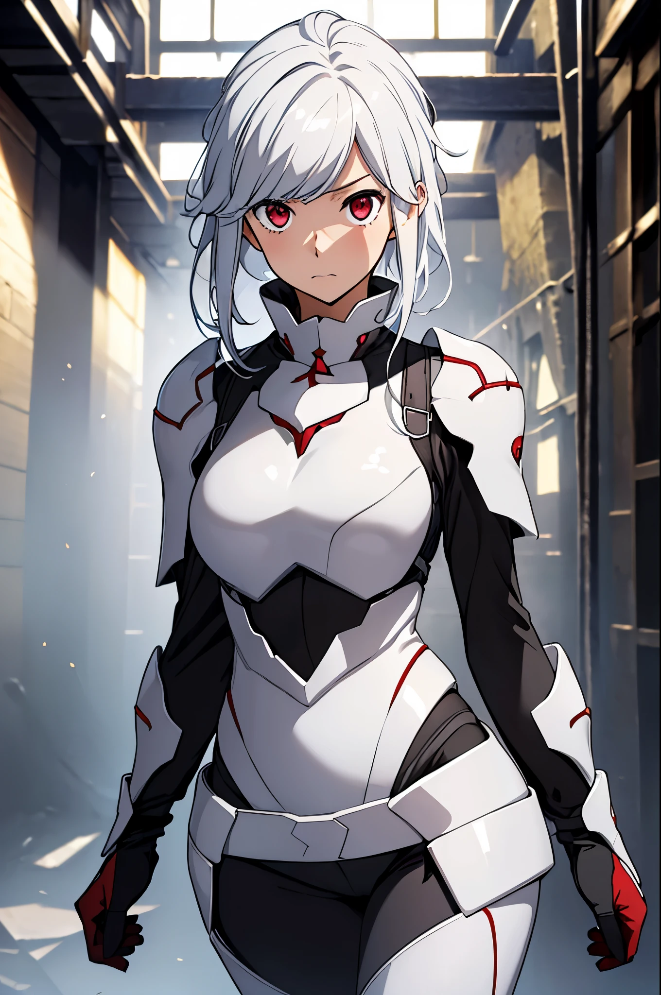 (masterpiece, best quality:1.2), expressive eyes, perfect face, highres, 1girl, solo, (female:1.5), bell cranel, long hair, white hair, red eyes,  black bodysuit, armor, blushing, standing, cowboy shot, looking at the viewer