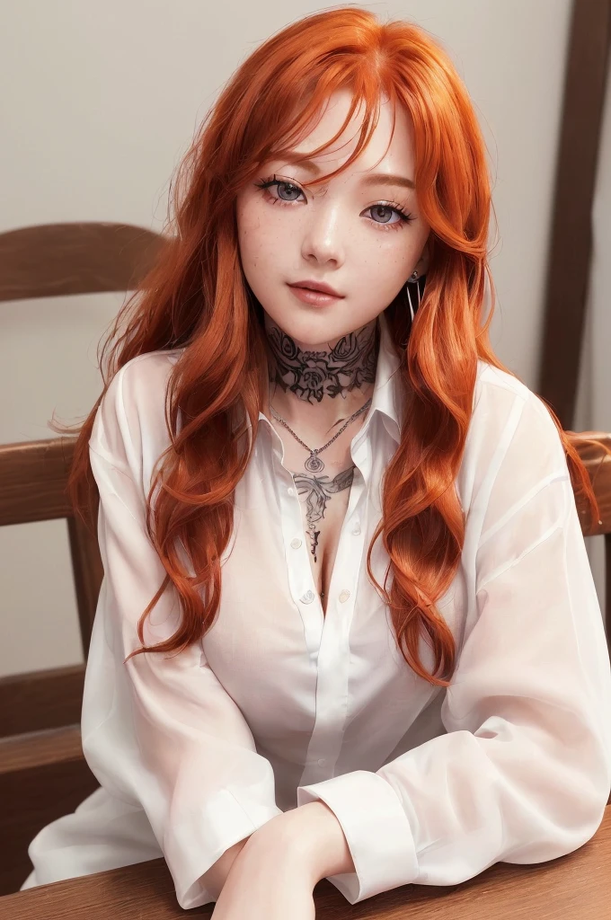 Close up portrait of woman in white stockings with red hangers, short skirts and white heels sitting at table, 1girl in, Solo, ?????????, Sitting, Panties, pantyhose, (8K、Raw photography、top-quality)、(Magnificent Real:1.5)、girl with, Dynamic Posture, ?????? face, (unbuttoned a white (long shirt) revealing red lace bra: 1.3)),   expose nice cleavage , (A detailed eye:0.8), (look at a camera:1.4), (top-quality), (Best Shadows), Cinematic、((The skin:1.4))、interiors、(Long flowing ginger hair:1.3)、brown eyes, Dark Studio、(nffsw:1.5)、detaileds、Subdued Color、hitornfreckles、Silver necklace、silver earing、long, flowing, Wavy Hair、smooth hair、 Let your hair down、Pulling the hair back, ((ghetto tattoos)) , lots of tattoos and piercings , A lot of tattoos on the body, bracelets , chubby  