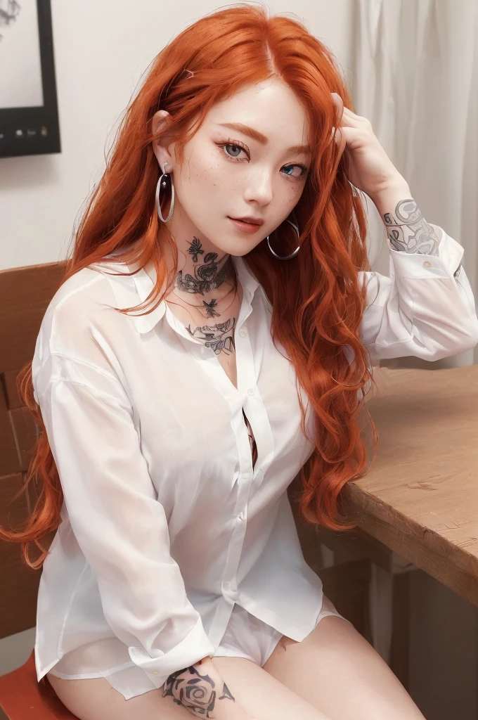Close up portrait of woman in white stockings with red hangers, short skirts and white heels sitting at table, 1girl in, Solo, Underwear, Sitting, Panties, pantyhose, (8K、Raw photography、top-quality)、(Magnificent Real:1.5)、girl with, Dynamic Posture, Erotic face, (unbuttoned a white (long shirt) revealing red lace bra: 1.3)),   expose nice cleavage , (A detailed eye:0.8), (look at a camera:1.4), (top-quality), (Best Shadows), Cinematic、((The skin:1.4))、interiors、(Long flowing ginger hair:1.3)、brown eyes, Dark Studio、(nffsw:1.5)、detaileds、Subdued Color、hitornfreckles、Silver necklace、silver earing、long, flowing, Wavy Hair、smooth hair、 Let your hair down、Pulling the hair back, ((ghetto tattoos)) , lots of tattoos and piercings , A lot of tattoos on the body, bracelets , chubby  