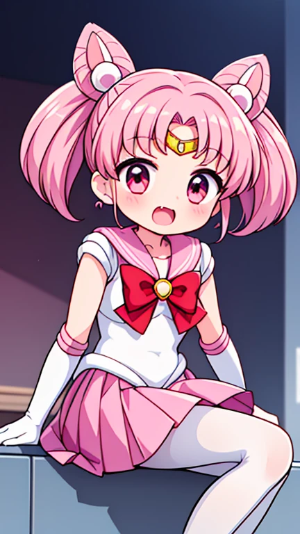 Sailor Moon，young年，，cute，（Little Loli），Pink hair twintails，short hair，Sailor Suit，Red bow，White elbow gloves，Red Skirt，No shoes，Open your mouth，laughing out loud，Fangs，(White pantyhose),Sole，Soles，(young)，(little man)，sit