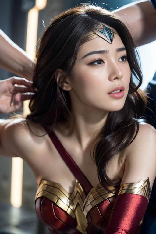 from the side,perfect wonder woman costume,crawl on all fours,sleeping face,Close ~ eyes,open your mouth,tired face,face of suffering,sky face,sleeping face,fight the men,surrounded by men,,caught between men,being tackled by men,Intertwining with men, Attacked by men,assaulted by men,Being bullied by guys,being sexually abused by a man,Captured by a man,Being detained by a man、touch your face,、Hair is pulled hard,My head is grabbed,licked my hair,lick my face,brown hair, masterpiece、beautiful girl、fine 目、puffy eyes、highest quality, 超High resolution, (reality: 1.4), movie lighting,super beautiful、beautiful skin、(Ultra-realistic)、(High resolution)、(8K)、(very detailed)、(beautiful and fine 目)、(Super detailed)、 detailed face、slanted bangeshi hair、brown hair、20-year-old、wonder woman cosplay,wonder woman tiara