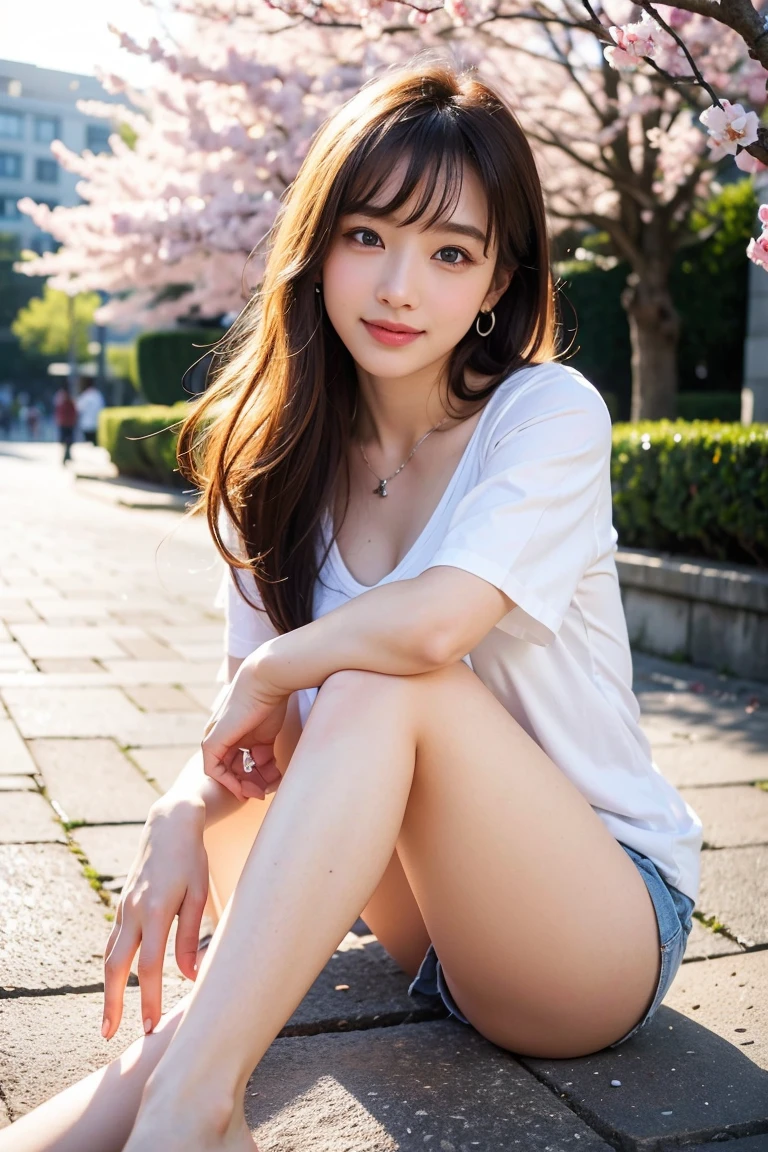 Save this image、Pale face and eyes:1.3、薄くてPale face and eyes:1.3, blue eyes:1.3、{highest quality}, {{masterpiece}}, {Very delicate and beautiful}, Extraordinary light and shadow, Highly detailed wallpaper, Sunny and bright, whole body, whole body、 1 girl, , blush:1.2、Shaggy blonde long hair:1.3, Cut your bangs at eyebrow height.:1.5、Strong sunlight, (White T-shirt)、 Delicate Hair,Realistic skin texture, B cup breasts、Visible wrinkles on the skin., Broad shoulders:1.2, ((A strong light shines on your face:1.5)), color々Strike a Pose:1.5, necklace、ring、earrings、歯を見せたsmile:1,5、smile:1.5、Background of a park with cherry blossoms in full bloom:1.5, Ray Tracing、(Sit with your legs stretched on the ground:1.5)