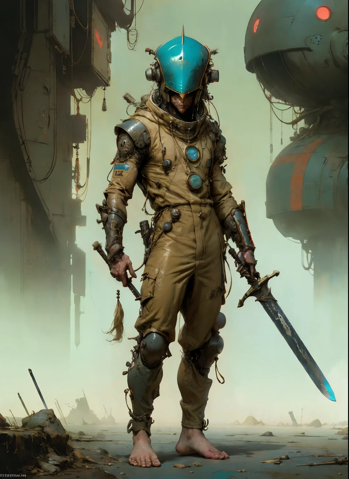 perfect proportions, anatomically correct, (head to toe: 2.0), (full body image: 2.0), solo, (Casshern: 1.6), extremely stylized, deviant art, masterpiece, highly detailed, detailed eyes, expressive detailed eyes, detailed pupils, futuristic, ((1950s scifi helmet)), ((pointy helmet)), Rubber Gloss, (flightsuit:1.4), big boots, entire body image, full body shot, nvinkpunk, professional photograph of alexander_skarsgard, tassles, large beads, (large tassels), cyberpunk, inkpunk, paint platter, ink splatter, (action pose:1.0), ((holding a sword))
