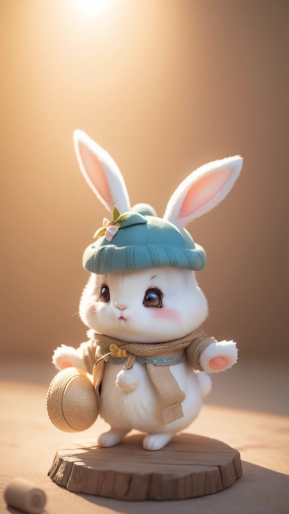 high quality，Realistic and detailed CG graphics，Colorful scene，Cute rabbit wearing a hat in backlight。