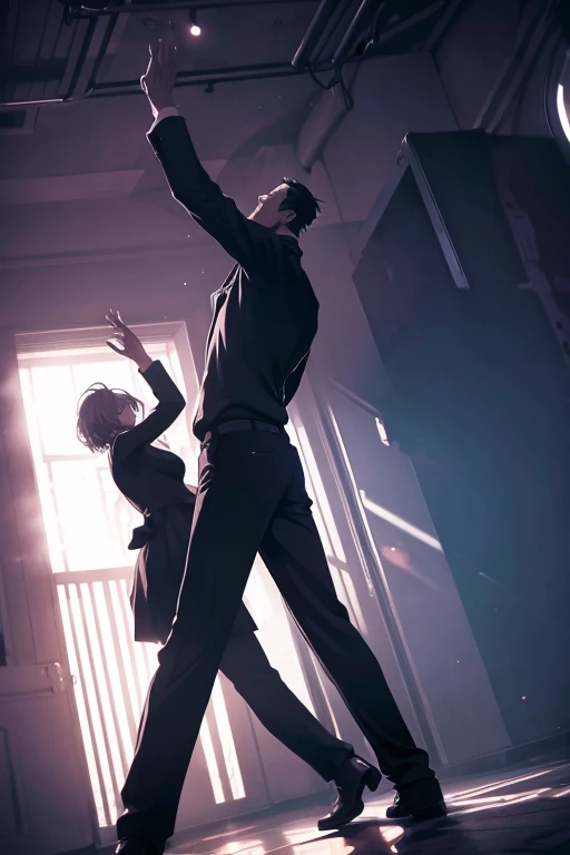 a tall man, dancing with a  girl, dramatic angle camera