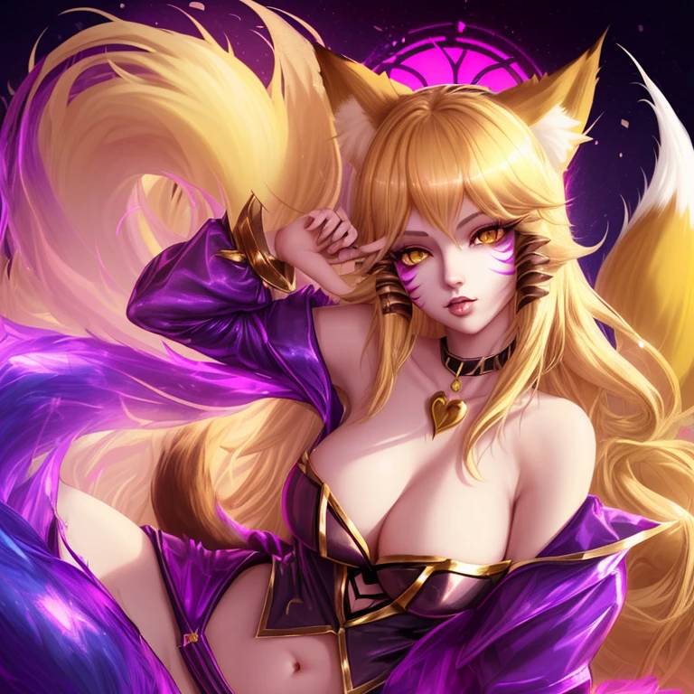 k/da_ahri, 1girl, ahri (league of legends) animal ears, blonde hair, solo, fox ears, k/da (league of legends), long hair, tail,looking at viewer, facial mark, choker, bare shoulders, fox tail, jewelry, yellow eyes, close up,