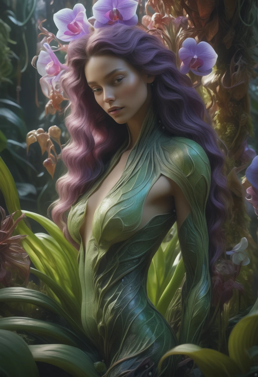 (best quality,4k,8k,highres,masterpiece:1.2),ultra-detailed,(realistic,photorealistic,photo-realistic:1.37), wide angle shot,dynamic angle, full body shot, The plant woman, she has very long and wavy platinum hair,(she is wearing a biological exoskeleton covering up her entire body),add_detail:1.5,((She is resting in fetal position, incubated inside an exquisite translucent plant-like bulb:1.5)), in her vegetal kingdom, carnivorous plants, vibrant green leaves and tendrils, alien biome, lush vegetation and exotic flowers, poison jungle, toxic and vibrant colors, mysterious atmosphere, soft and ethereal lighting, immersive and lifelike 3D rendering, botanical fantasy, intricate details on the plant bulbs, lush and intricate flora, magical and dreamlike ambience, mysterious environment, stunning contrast between the delicate features of the woman and the wild nature surrounding her, painterly style, dreamy color palette with a mix of vibrant greens and deep purples, enigmatic composition, surreal and otherworldly experience.