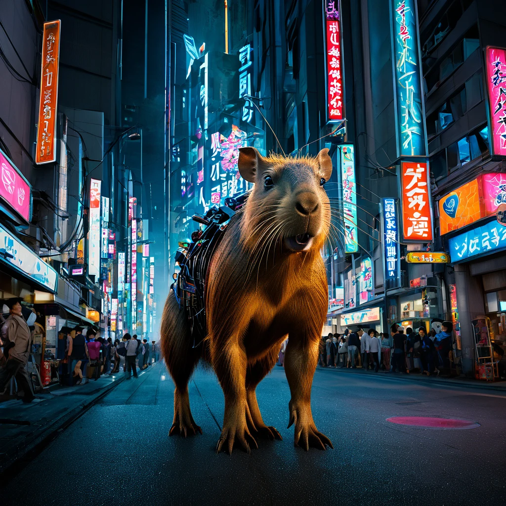 best quality,4k,8k,highres,masterpiece:1.2,ultra-detailed,realistic:1.37,(HDR:1.1),(vivid colors:1.1),(ultra-fine painting:1.1),(physically-based rendering:1.1),(professional:1.1),(sharp focus:1.1),(studio lighting:1.1),(bokeh:1.1)
Transformers in Downtown Tokyo, a 2-story tall metallic Capybara Transformer, running amok
In this high-quality, ultra-detailed prompt, we find ourselves in the heart of downtown Tokyo, where chaos ensues. Our attention is drawn to a unique character - a 2-story tall metallic capybara transformer. Its powerful presence dominates the scene as it unleashes havoc on the city streets.
The metallic capybara transformer captivates our gaze with its mesmerizing shine and intricate details. Its metallic exterior reflects the vibrant city lights, adding to the vivid colors of the overall image. The capybara transformer's realistic design, achieved through precise rendering techniques, immerses the viewer in its larger-than-life presence.
As the capybara transformer races through the city, we witness its immense power and agility. Its movements are captured with sharp focus, emphasizing every intricate detail of its structure. The studio lighting further enhances the visual impact, highlighting the reflective surfaces and casting dramatic shadows along the streets of Tokyo.
The surrounding environment is filled with chaos and urgency. The bustling city streets are filled with terrified onlookers, running for safety as buildings crumble and debris fills the air. The vibrant cityscape, with its towering skyscrapers and neon signs, serves as a striking backdrop to the action-packed scene.
In this Michael Bay-inspired prompt, we aim to capture the thrilling atmosphere of an epic battle between the capybara transformer and its adversaries. The prompt embraces an ultra-fine painting approach, elevating the artistry and detailing of the generated image. It seamlessly combines the grittiness of the transformers universe with the vibrant colors and ene