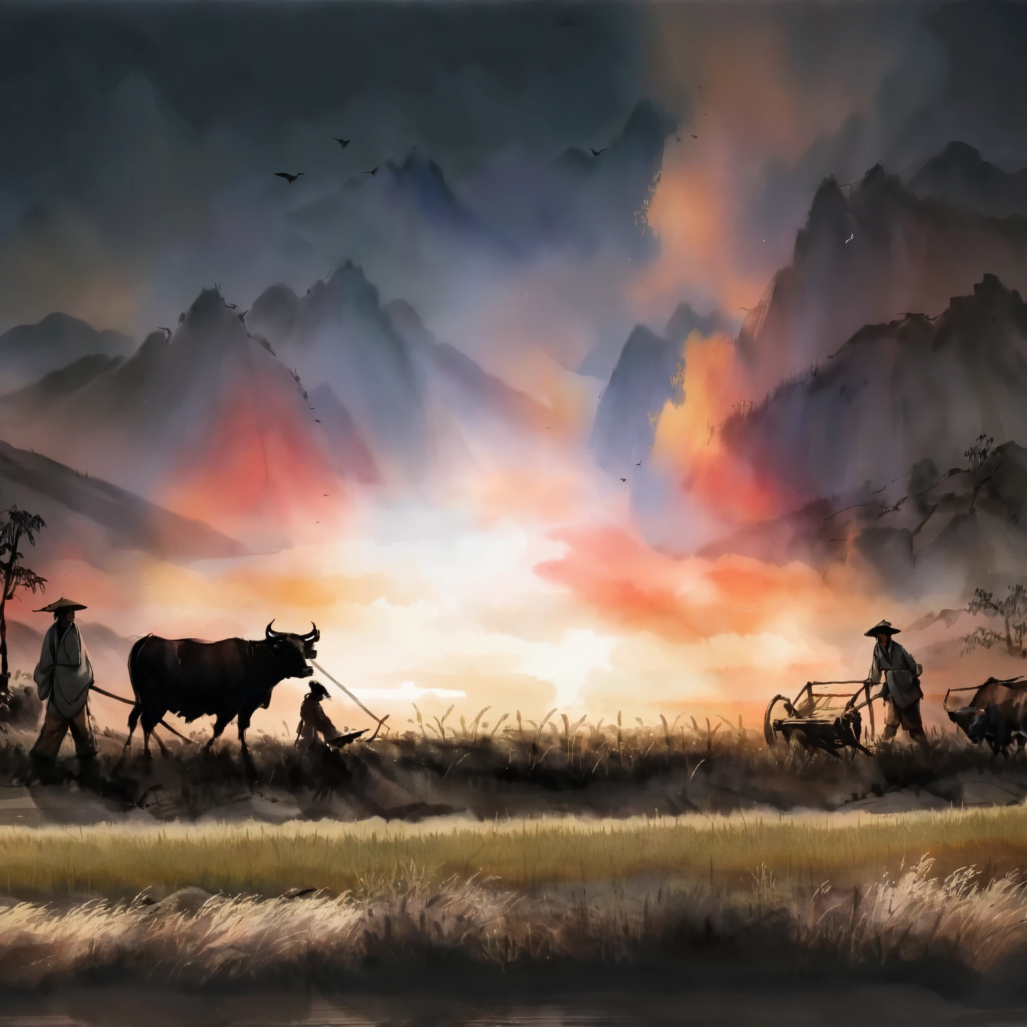 Ink painting, qi baishi, evening, sunset, red glow, someone walking with an ox and a plow, either a person or an ox, farmer, very beautiful photo, inspired by Terry Redlin, traditional Chinese landscape painting , distant mountains, rural landscape, agriculture, great great composition, silhouette in the field behind, artistic rendering, official art, conceptual, cowboy, inspired by George Caleb Bingham, beautiful landscape, an amazing picture, fantastic scene, landscape painting, mountains of northern China, parchment watercolor ink painting, watercolor ink painting, ink painting, ink painting, beige gray, white background, distant mountains, ink style, ink painting, rice paper texture, clean, no text, light white