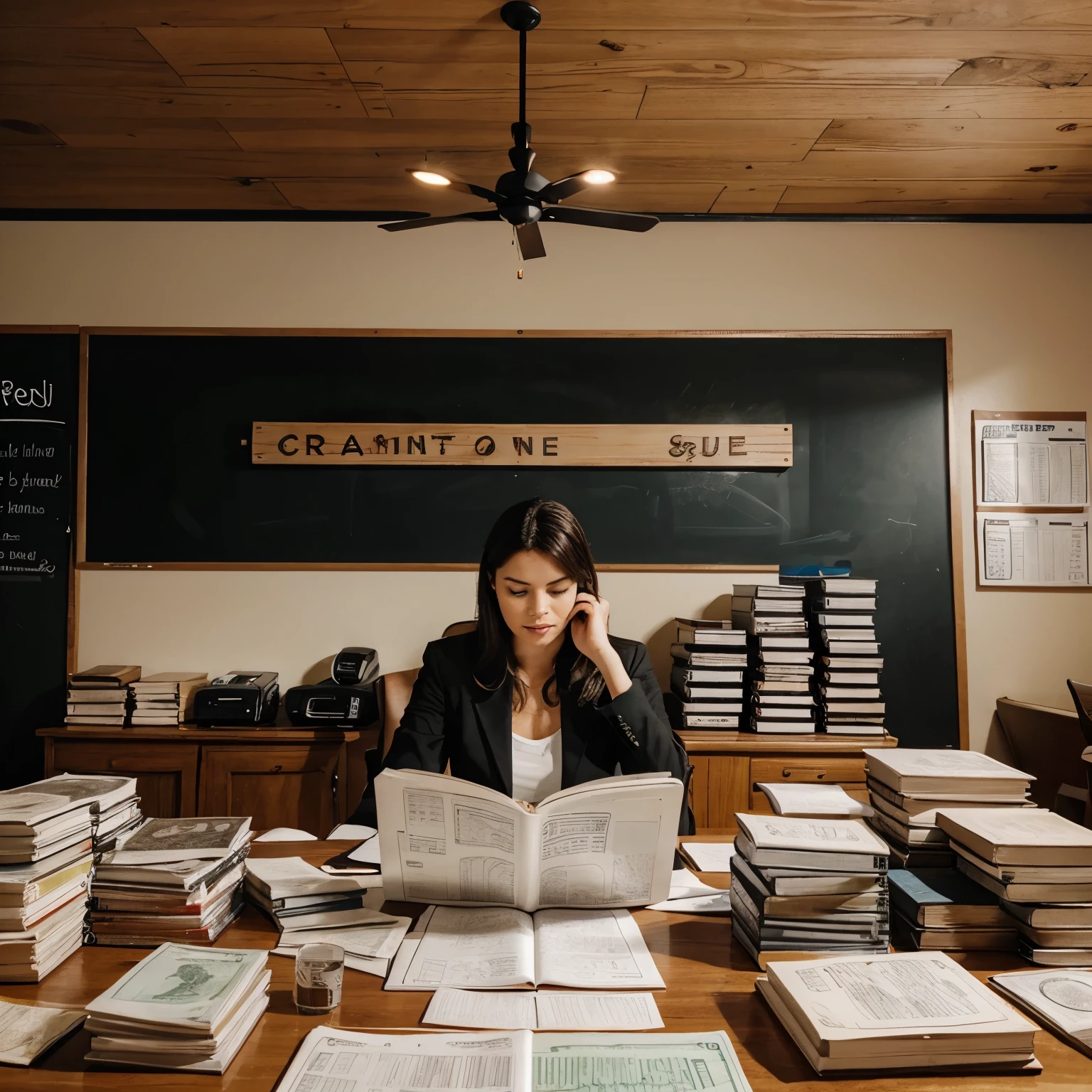 Woman sitting at a desk with a book and a pile of books - SeaArt AI