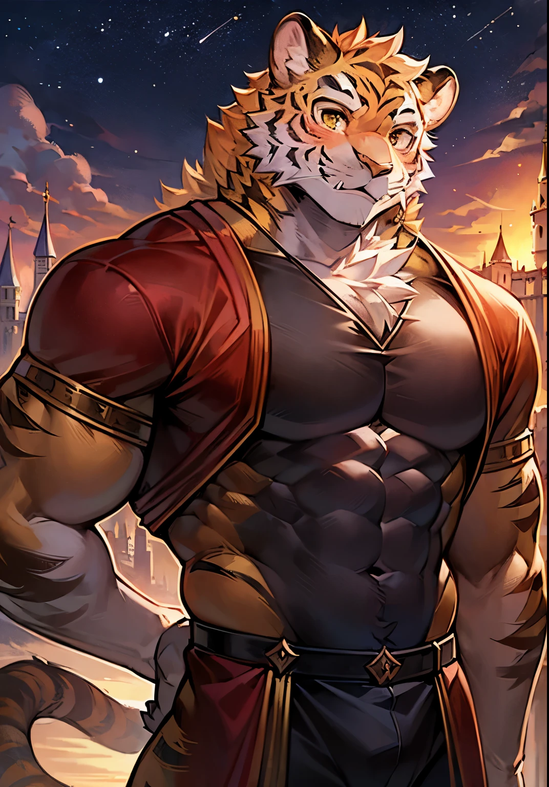 (Duo), two males, hugging, both muscular bodies, tiger knights, standing under the stars, fantasy background with castle in the distance, facing viewer, heads tilted to the side, beautiful sunset sky, wearing tunics, tiger furry characters