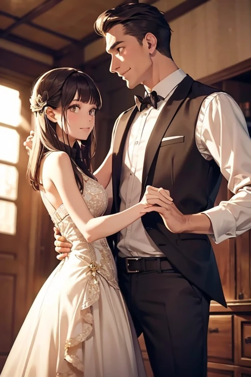 a tall man, dancing with a  girl, close-up