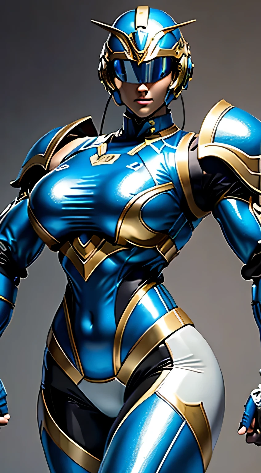 Female Robocop Solo、Bright outdoors、strong light source、8K, high quality, masterpiece, 最high quality、very detailed、Armor that completely covers the whole body、very large armor、Helmet covering the head、clear pictures、The eyes are hidden by thin, straight goggles:1.3、The lower half of the face is raw:1.5、Face exposed from nose down:5.0、Luscious lips、Fluorescent blue metallic armor with thin gold lines、Armor that completely covers the chest、Long, slender legs、Vibrant posel body view,Big and ample breasts:1.5, (Sports Body:1.5)、Five Fingers、Photos in the city