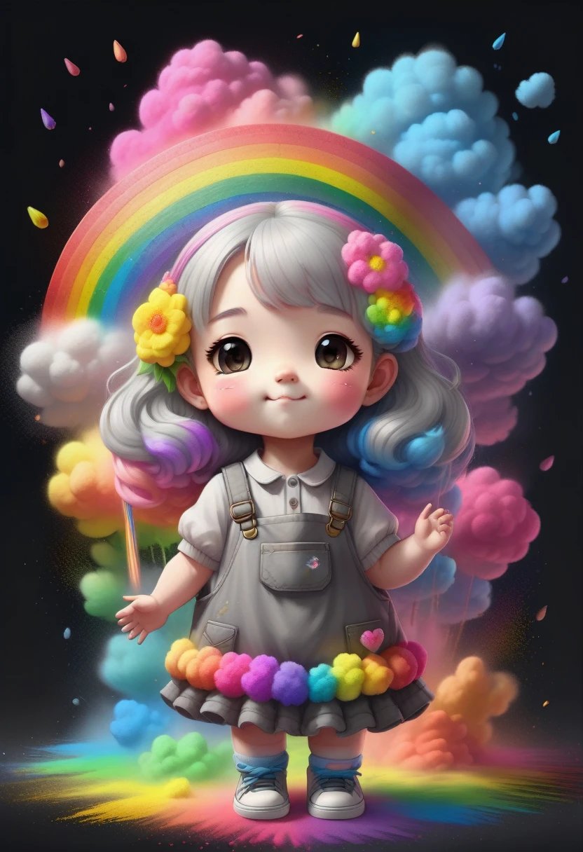 Chalk gray style，(发光的神奇cute的向日葵，花丛中有一张cute的娃娃脸)，8k，Rainbow Colors，Kawaii，cute，Digital art，high quality，Very detailed, chalk powder