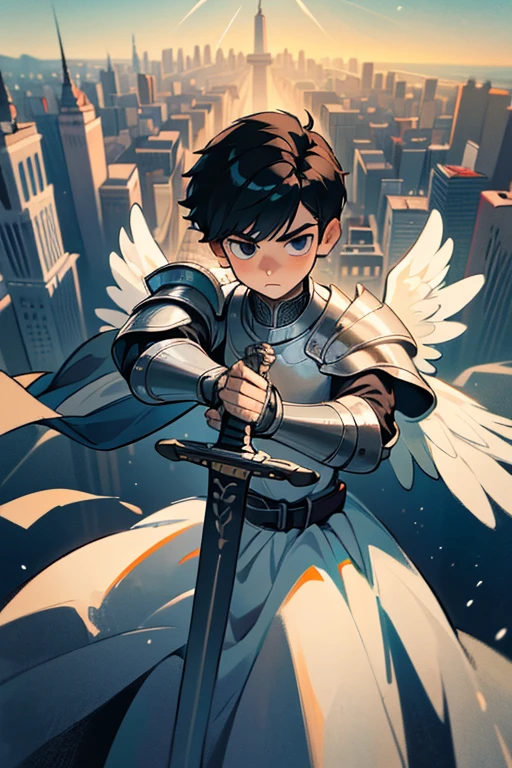 (best quality, masterpiece1.2), (detailed eye: 1.2), complex detail, depth of field, 1boy, Man, Men, angel, boy, city, angel, warrior, armor, chestplate, sword, giant sword, descending from the heavens, light, white skin, angel, angel warrior, handsome, black eyes and hair, black hair