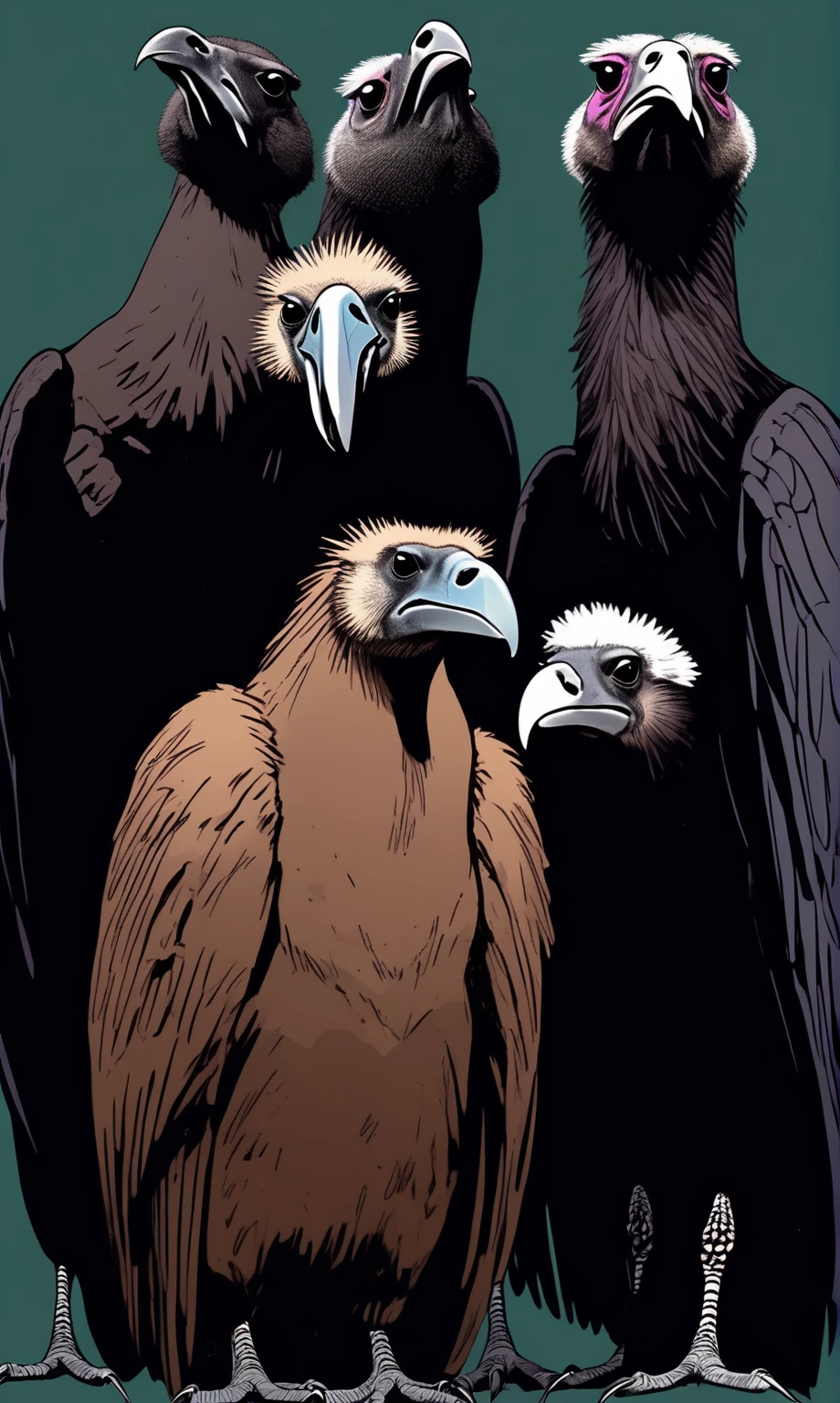 wordless, sketch, rich color grading, cel shading, webcomic, simple, minimal, capybara dancing a vile stanky boogie dance, (in background, lurking in shadows, ominous, sinister and insatiable predator bird duo (Black Vulture (Cathartidae), and Caracara (Falconidae) ) waiting), cinematic poster, strange, hyper maximal, hand drawn expressive ink, cel shading, inverse, negative coloring, rich color grading, darkness, abyss,

