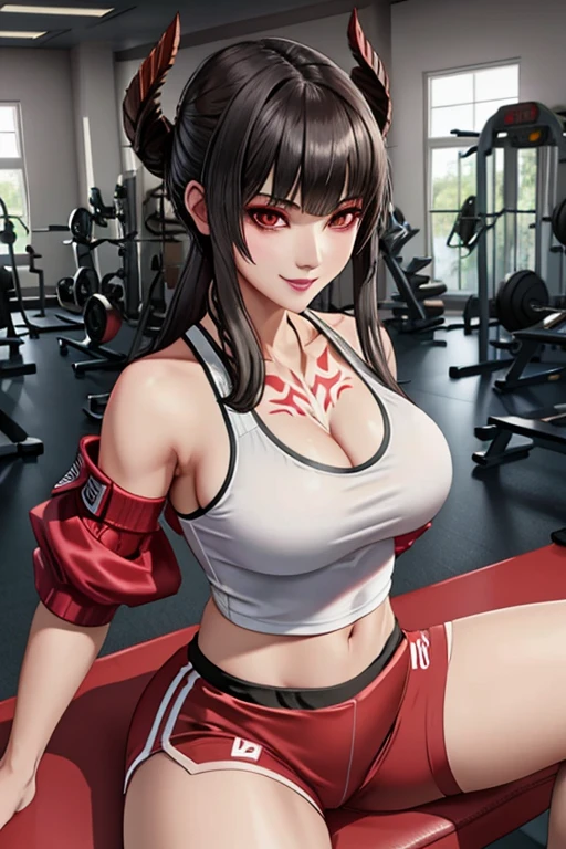 Eliza From Tekken, sensual smile, wearing white shirt and red fitness shorts, in the gym training center