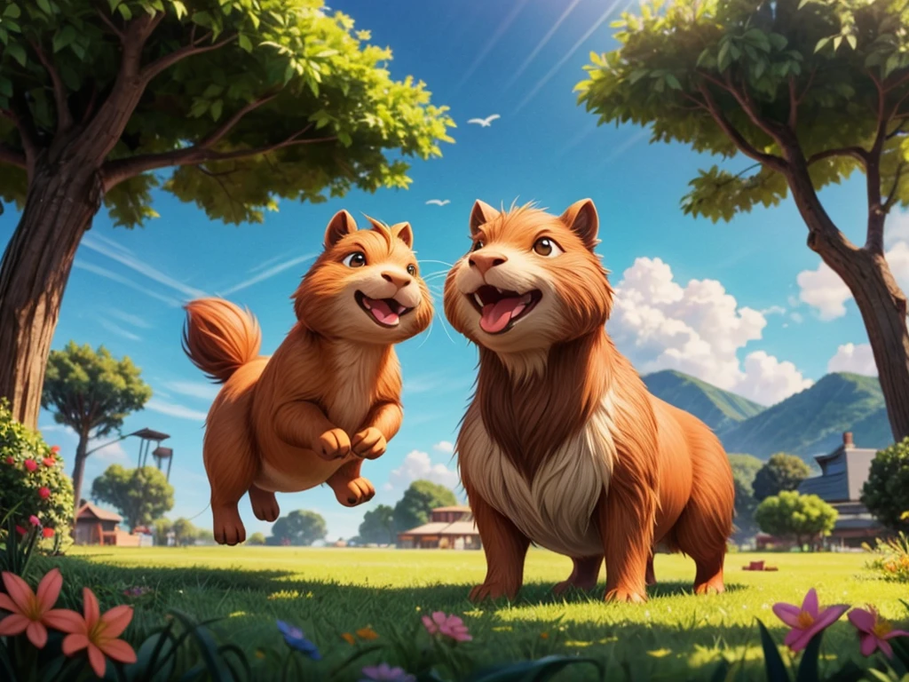 flying capybara in the sky,illustration,fluffy,lush green surroundings,playful expressions,best quality,4k,highres:1.2,ultra-detailed,realistic:1.37,HDR,UHD,studio lighting,vivid colors,concept artists,pastel color palette,gently illuminated