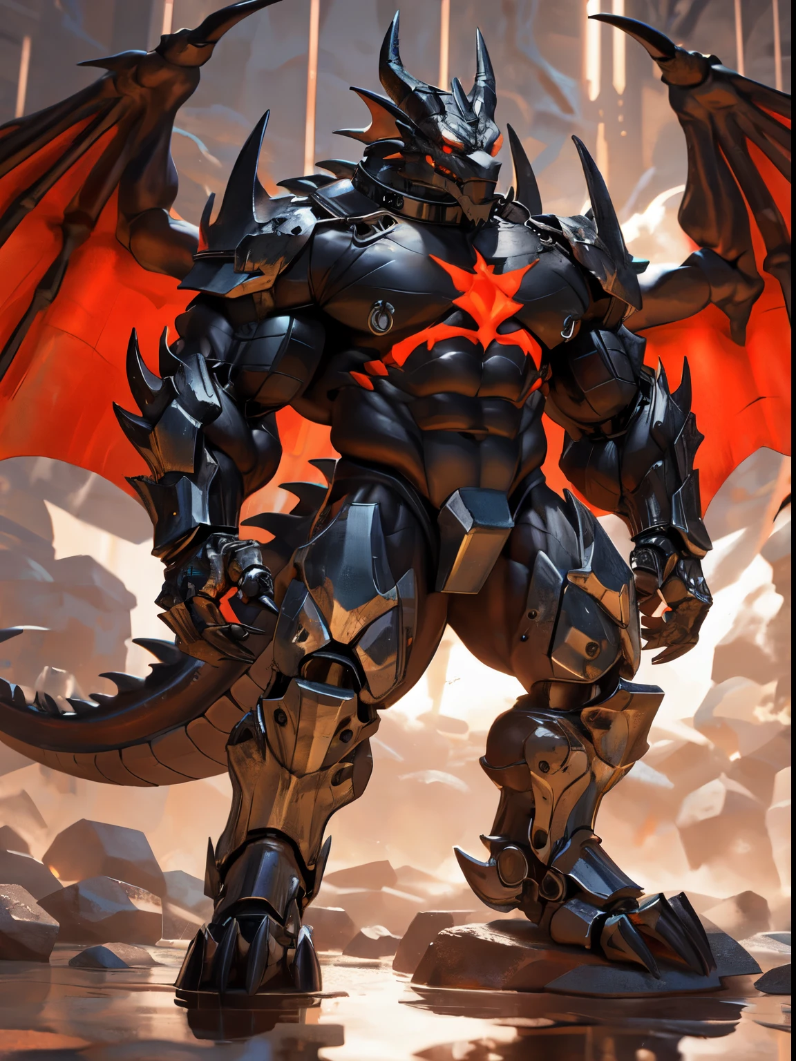 An advanced bionic mech, cybrog, anthro, dragon, male, full body, Muscle, Delicate face, Delicate eyes, 1 tail, (glowing LED), energy, outdoors, extremely detailed CG unity 8k wallpaper, realistic, masterpiece, highest quality, lens flare, unreal engine, trending on ArtStation, Intricate, High Detail, dramatic, realism, beautiful and detailed lighting, shadows, black scales, rubber goo body, wings, evil looking, crimson glowing eyes, black and evil armor, futuristic evil armor, heavy armor, snout-cover armored mask, balanced physique, muscule-shaped armor, evil master, a pair of IFBB-bodybuilder level of muscular great wings, evil dominator, war machine, hunk, hulking IFBB muscular physique, thick arms and legs, heavy evil armor boots, muscular texture and details on evil armor, exposed muscular abdomen IFBB level of muscles, metal collar, muscular inner thighs, majestic, detailed IFBB bodybuilder muscles inside of the armor, dark master, crimson and black wings, harness armor, ?????? piercings, long legs, pit fiend, cybernetic visor, claws