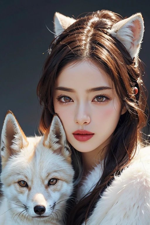 Beautiful woman with red eyes posing for elegant photo with white giant fox, arpino,Gray Hair,Face to face, Ultra-realistic, Clear images,((White giant fox)),