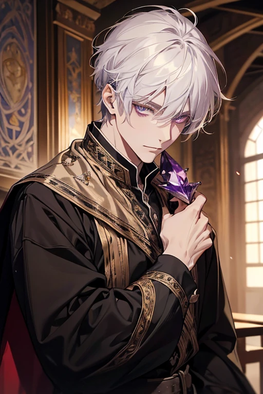 1male, calm, age 35 face, short messy with bangs, white hair, amethyst colored eyes, royalty, prince, black clothes, in a castle, adult face, medieval times, close up, instrument