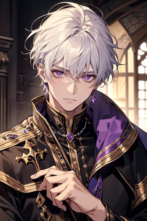 1male, calm, age 35 face, short messy with bangs, white hair, amethyst colored eyes, royalty, prince, black clothes, in a castle, adult face, medieval times, close up, instrument