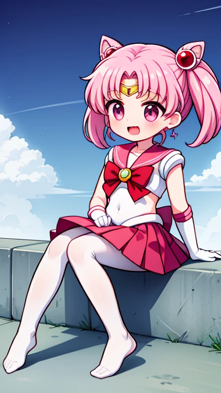 Sailor Moon,young年,Seven years old,cute,(Little Loli),Pink hair twintails,short hair,Sailor Suit,Red bow,White elbow gloves,Red Skirt,No shoes,Open your mouth,laughing out loud,Fangs,(White pantyhose),Sole,Soles,(young),(little man),sit