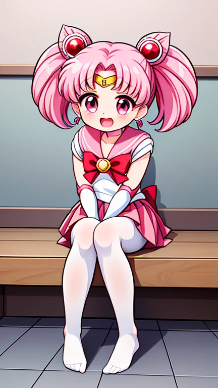 Sailor Moon，young年，Seven years old，cute，（Little Loli），Pink hair twintails，short hair，Sailor Suit，Red bow，White elbow gloves，Red Skirt，No shoes，Open your mouth，laughing out loud，Fangs，(White pantyhose),Sole，Soles，(young)，(little man)，sit
