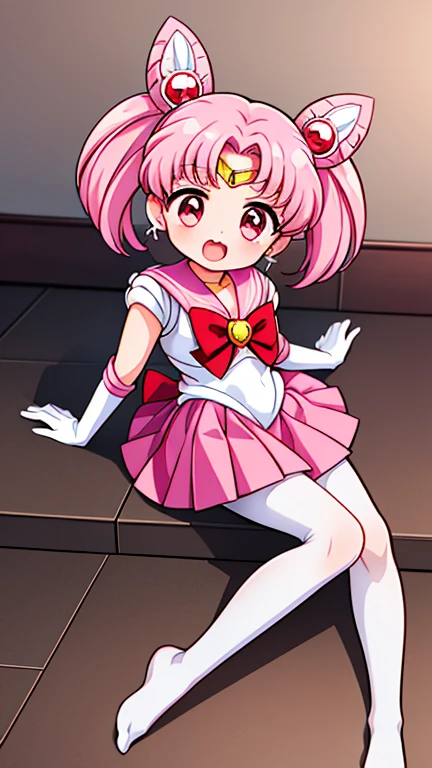 Sailor Moon，young年，Seven years old，cute，（Little Loli），Pink hair twintails，short hair，Sailor Suit，Red bow，White elbow gloves，Red Skirt，No shoes，Open your mouth，laughing out loud，Fangs，(White pantyhose),Sole，Soles，(young)，(little man)，sit