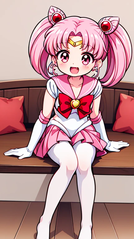 Sailor Moon,young年,Seven years old,cute,(Little Loli),Pink hair twintails,short hair,Sailor Suit,Red bow,White elbow gloves,Red Skirt,No shoes,Open your mouth,laughing out loud,Fangs,(White pantyhose),Sole,Soles,(young),(little man),sit