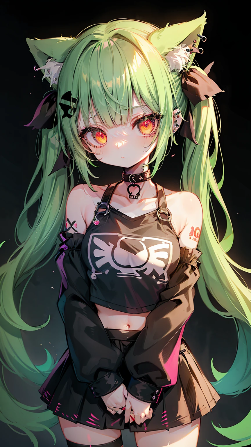 Punk rock emo girl, Neko, wolf girl, long neon green hair in pigtails, tattoo sleeves and piercings, Red eyes, slender, skinny, short,  Harajuku-inspired punk clothes, no twins, one person