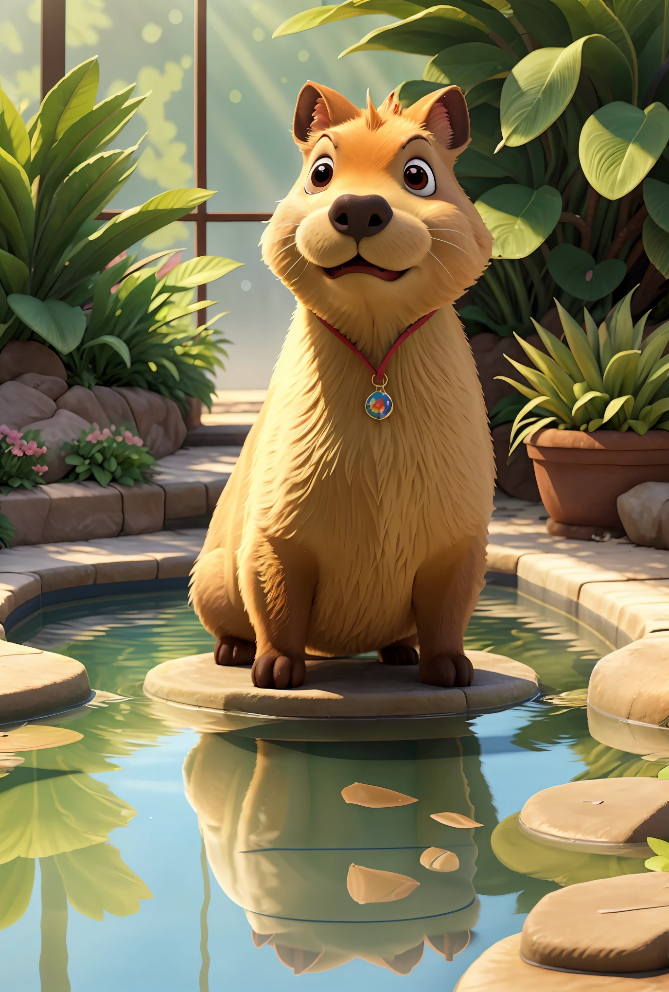 capybara in a pool,sunlight,crystal clear reflection,realistic,high quality,ultra-detailed,photorealistic:1.37,ultra-fine painting,natural colors,warm tones,soft shadows