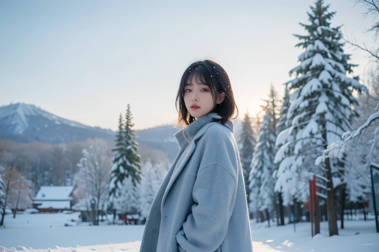 Japan, minimum, harmony, tranquility, Fantasy, winter, Trees, The contrast between the blue sky and snow is beautiful, natural light, subdued lighting effect, 1 Girl , hurt, slender, Medium Hair, diffused natural skin glow, bangs, Wool coat, masterpiece, highest quality, RAW Photos, sigma 50mm f1.4, candytt, heavy snow