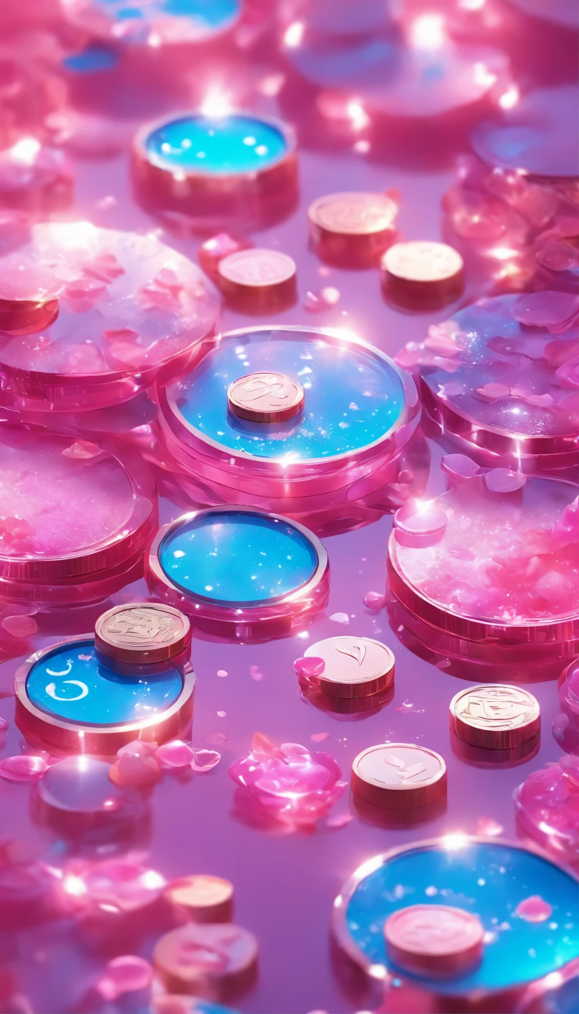 coins on pinkwater wallpaper pink775hd, in the style of ren hang ren hang hyper-realistic water, anime aesthetic.photorealistic scenes, resin, light violet, larm ekei. --ar9:16 --v6.0