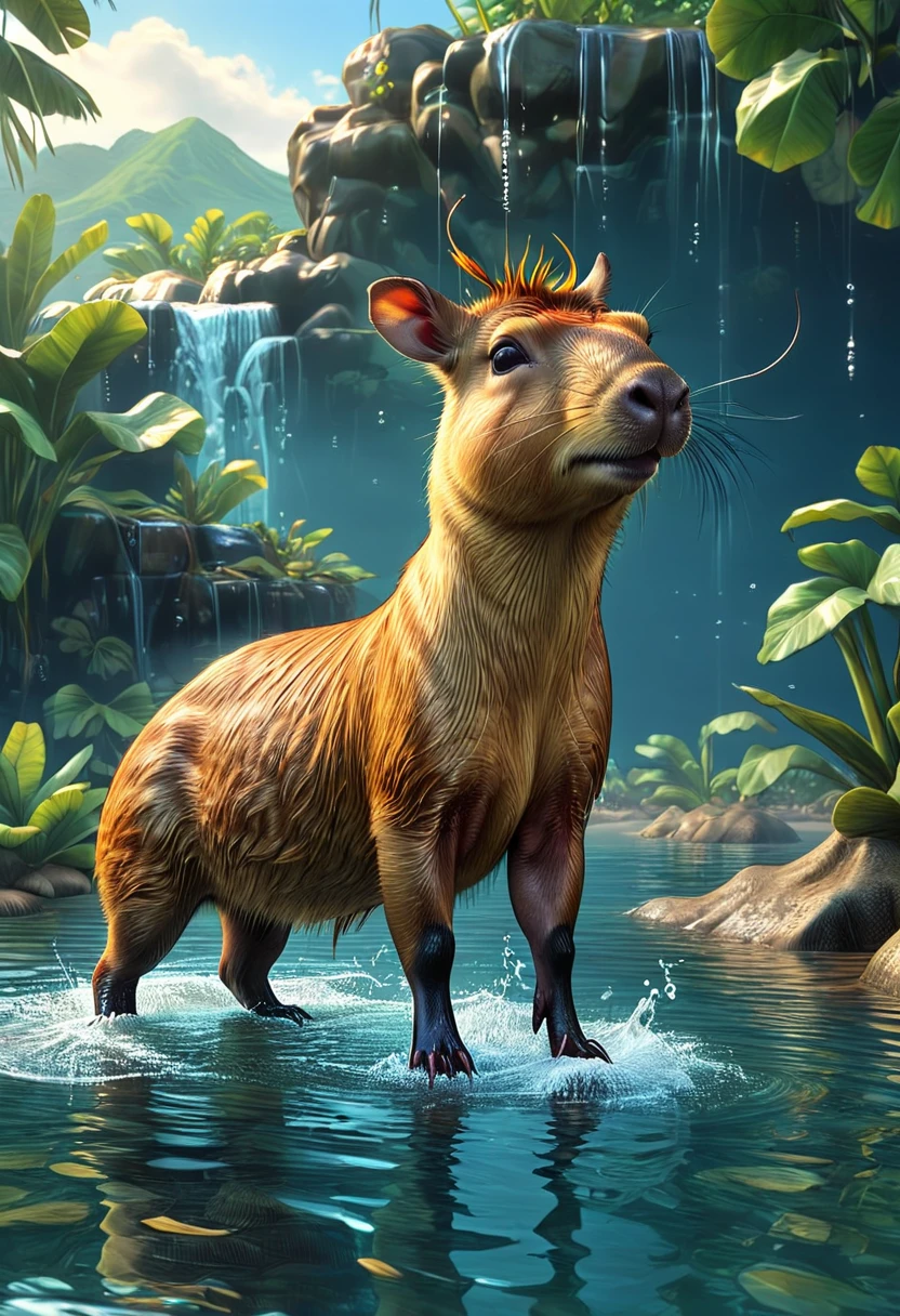 capibara en el agua, camalotes, corriente de agua, epic: 1.5, photorealistic: 1.4, skin texture: 1.4, super detailed and perfect, masterpiece, super detailed, hyper detailed, well-defined highlights and shadows, 32K