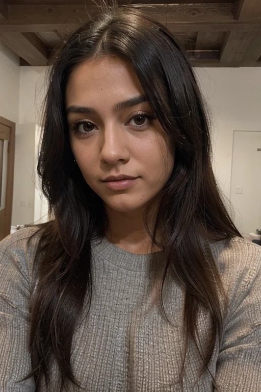(Obra maestra, mejor calidad, high resolution: 1.2), 1 chica, Solo, leyendo, cabello largo, parte superior del cuerpo, sueter, cabello negro, rasgos latinos europeos