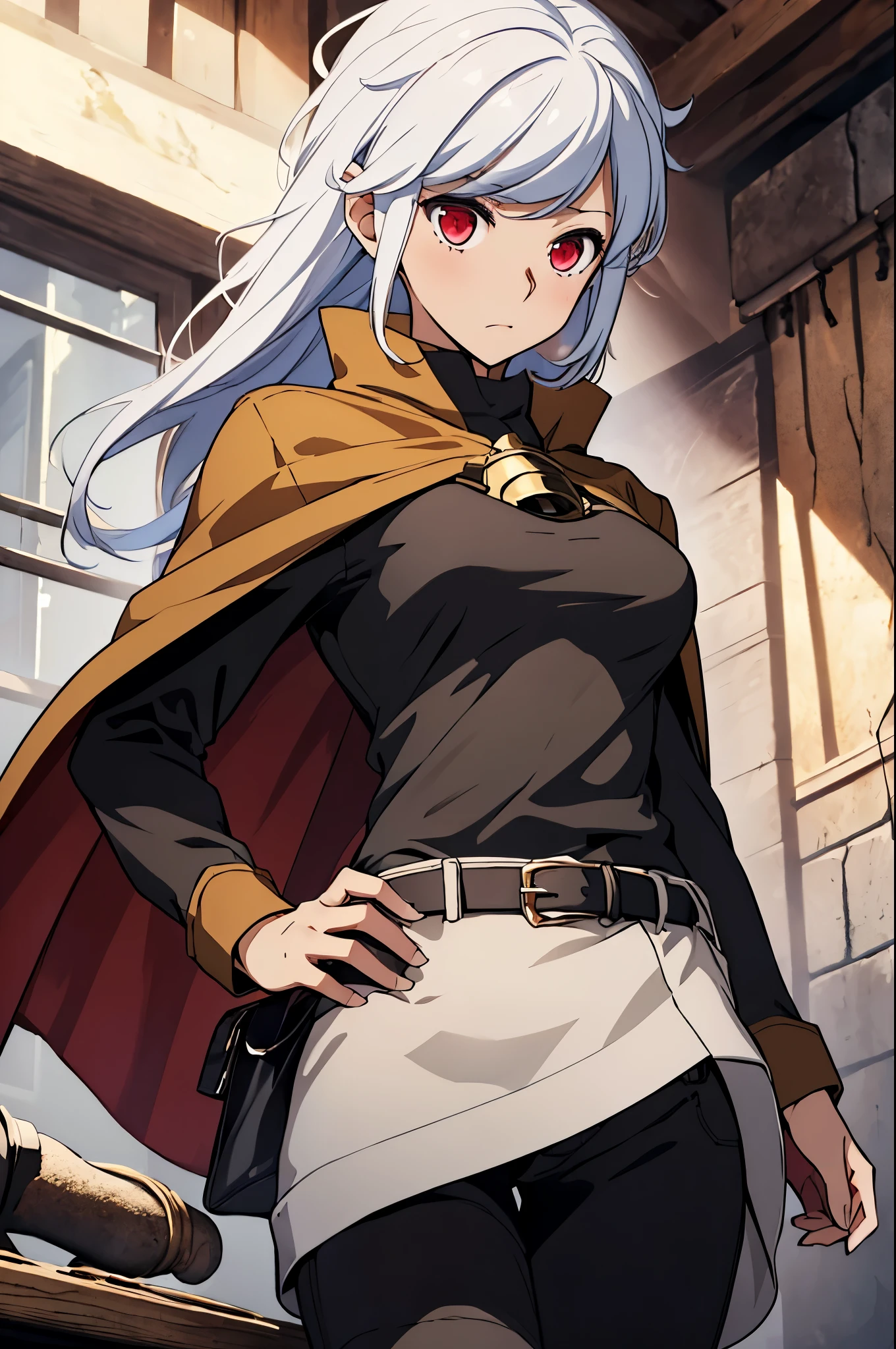 (masterpiece, best quality:1.2), expressive eyes, perfect face, highres, 1girl, solo, (female:1.5), bell cranel, long hair, white hair, red eyes, black shirt, brown cape, long sleeves, brown pants, belt, blushing, standing, upper body, looking at the viewer