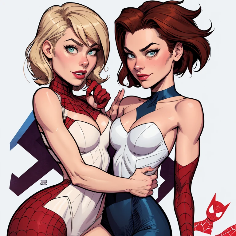 Spiderman Potter Parker from the 90s and Mary Jane and Gwen Stacy together the 3 characters Cartoon style digital illustration together lovers Cartoon style character