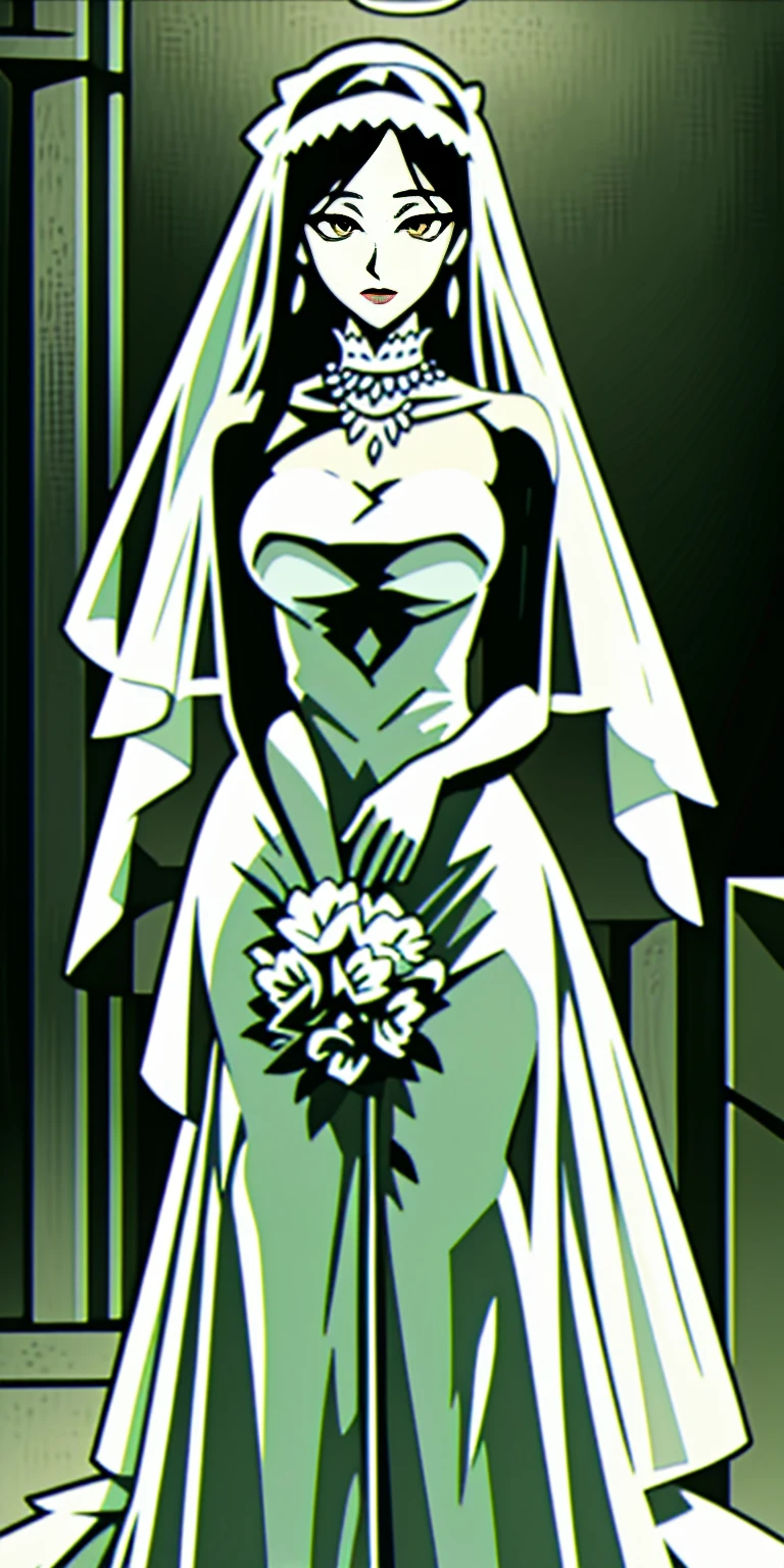 Pirotess, (yellow eyes), white hair, silver hair, very long hair, straight hair, solo, adult woman, beautiful bride wearing beautiful wedding dress, Gurwitz, (bridal veil:1.5), (Transparent short veil:1.5), Blushing face, head flower, headgear, (tube top wedding dress: 1.5), (Silk dress: 1.2) (Strapless wedding dress: 1.5) pure white dress, necklace, earrings, (large breasts:1.3), Deep V peach heart collar wedding dress, bangs, lipstick, (lace gloves: 1.3), whole body, high detail RAW color art, Long white dress, whole body, place your hands behind your back