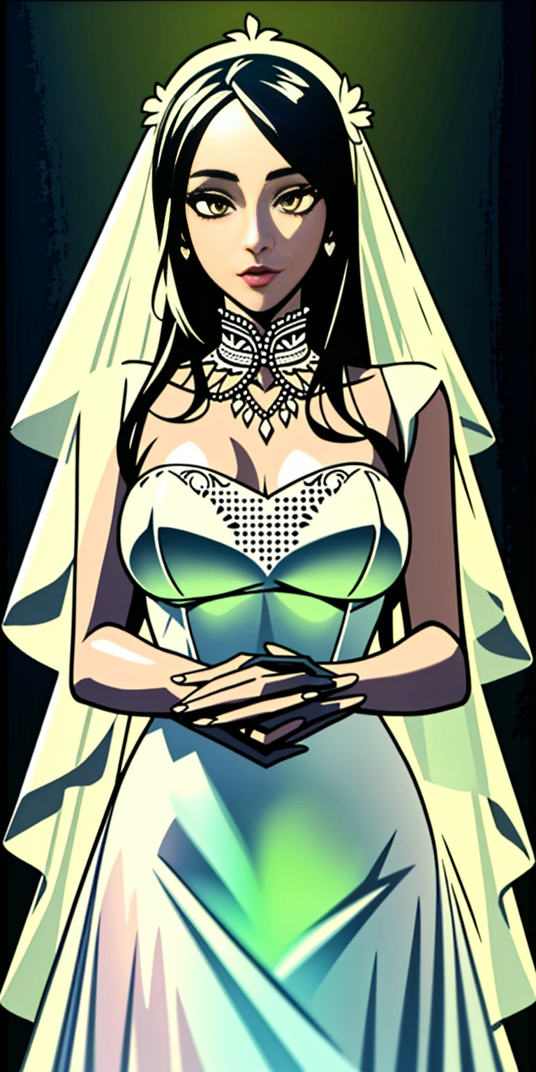 Pirotess, (yellow eyes), white hair, silver hair, very long hair, straight hair, solo, adult woman, beautiful bride wearing beautiful wedding dress, Gurwitz, (bridal veil:1.5), (Transparent short veil:1.5), Blushing face, head flower, headgear, (tube top wedding dress: 1.5), (Silk dress: 1.2) (Strapless wedding dress: 1.5) pure white dress, necklace, earrings, (large breasts:1.3), Deep V peach heart collar wedding dress, bangs, lipstick, (lace gloves: 1.3), whole body, high detail RAW color art, Long white dress, whole body, place your hands behind your back