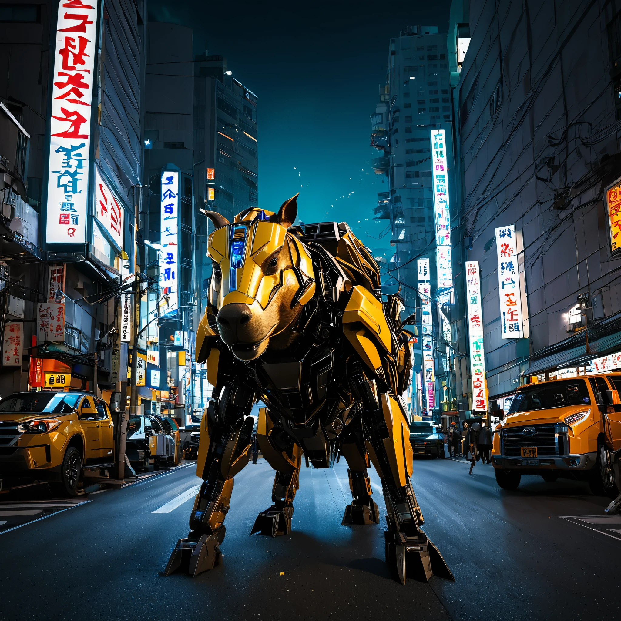 best quality,4k,8k,highres,masterpiece:1.2,ultra-detailed,realistic:1.37,(HDR:1.1),(vivid colors:1.1),(ultra-fine painting:1.1),(physically-based rendering:1.1),(professional:1.1),(sharp focus:1.1),(studio lighting:1.1),(bokeh:1.1)
Transformers in Downtown Tokyo, a 2-story tall metallic Capybara Transformer, running amok
In this high-quality, ultra-detailed prompt, we find ourselves in the heart of downtown Tokyo, where chaos ensues. Our attention is drawn to a unique character - a 2-story tall metallic capybara transformer. Its powerful presence dominates the scene as it unleashes havoc on the city streets.
The metallic capybara transformer captivates our gaze with its mesmerizing shine and intricate details. Its metallic exterior reflects the vibrant city lights, adding to the vivid colors of the overall image. The capybara transformer's realistic design, achieved through precise rendering techniques, immerses the viewer in its larger-than-life presence.
As the capybara transformer races through the city, we witness its immense power and agility. Its movements are captured with sharp focus, emphasizing every intricate detail of its structure. The studio lighting further enhances the visual impact, highlighting the reflective surfaces and casting dramatic shadows along the streets of Tokyo.
The surrounding environment is filled with chaos and urgency. The bustling city streets are filled with terrified onlookers, running for safety as buildings crumble and debris fills the air. The vibrant cityscape, with its towering skyscrapers and neon signs, serves as a striking backdrop to the action-packed scene.
In this Michael Bay-inspired prompt, we aim to capture the thrilling atmosphere of an epic battle between the capybara transformer and its adversaries. The prompt embraces an ultra-fine painting approach, elevating the artistry and detailing of the generated image. It seamlessly combines the grittiness of the transformers universe with the vibrant colors and ene