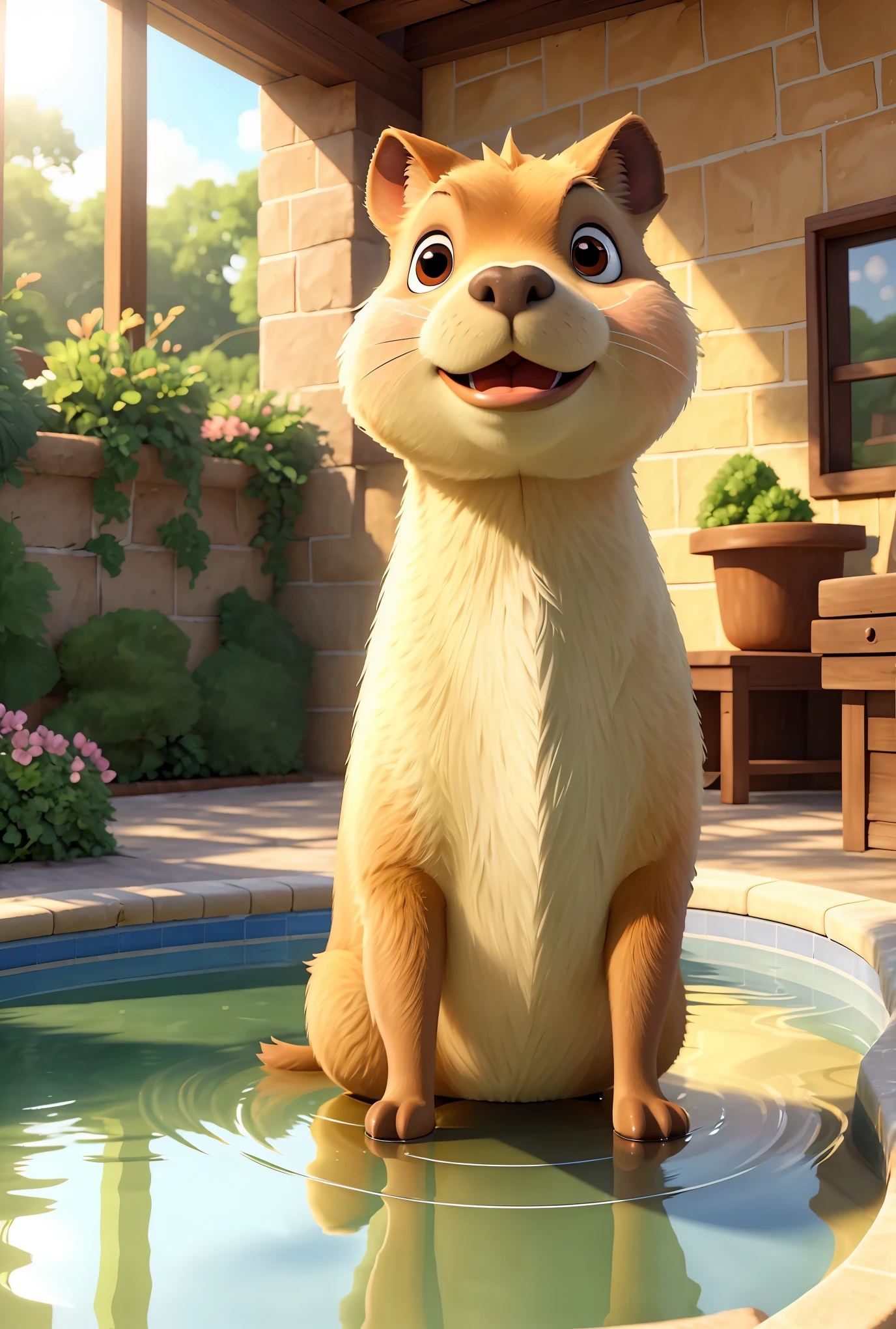 capybara in a pool,sunlight,crystal clear reflection,realistic,high quality,ultra-detailed,photorealistic:1.37,ultra-fine painting,natural colors,warm tones,soft shadows