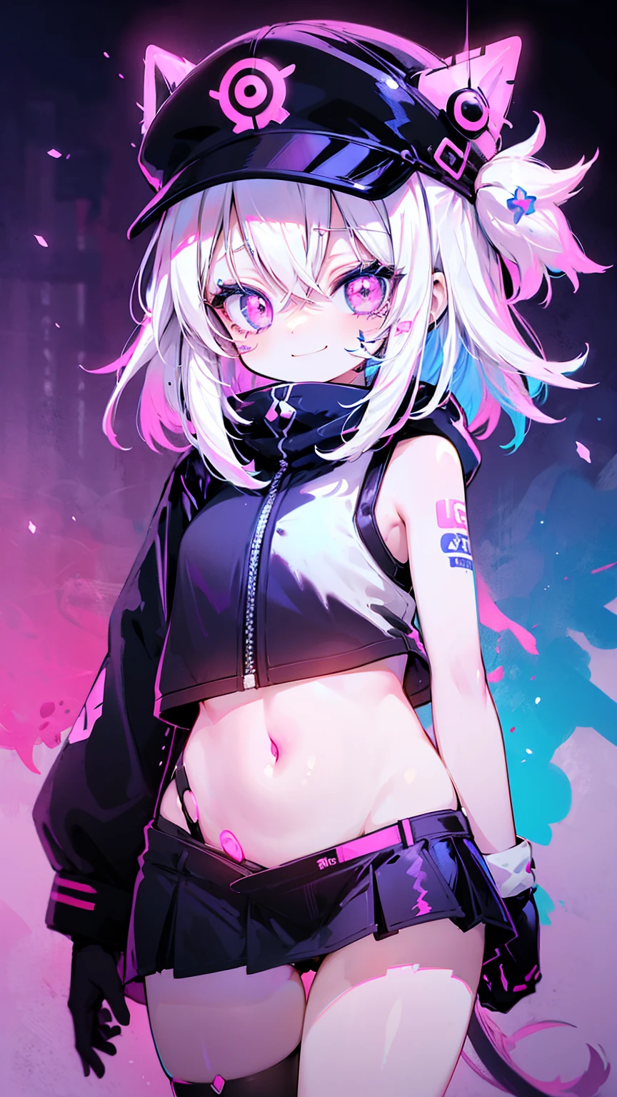 anime girl with a cap, white hair, street background in neon pink and blue colors, scars, stickers, smirk face, neon style of whole shot