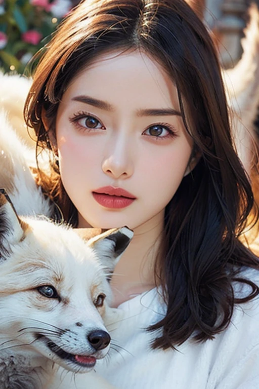 Beautiful woman with red eyes posing for elegant photo with white giant fox, arpino,Gray Hair,Face to face, Ultra-realistic, Clear images,（（White giant fox））,
