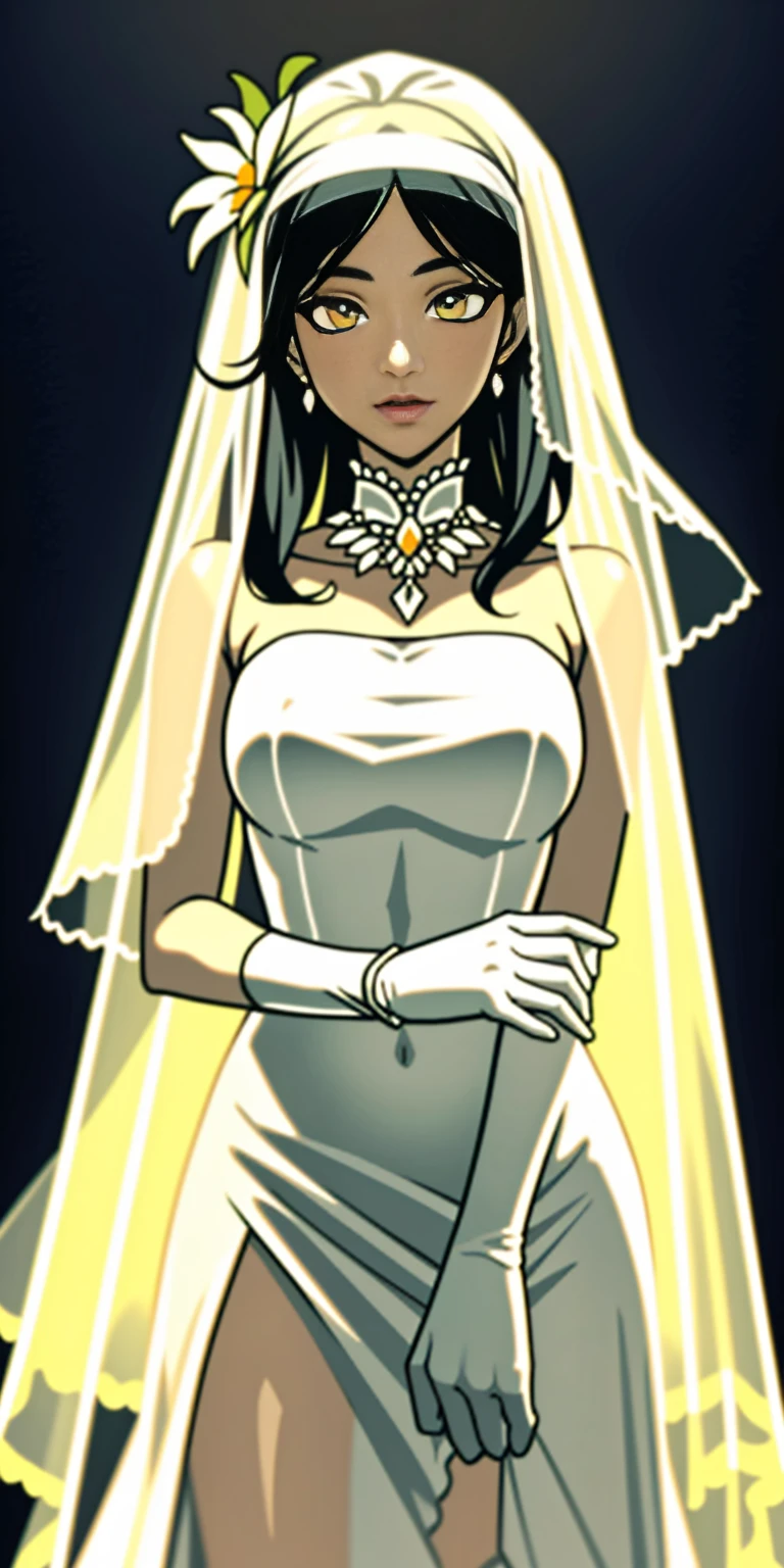 Pirotess, (yellow eyes), white hair, silver hair, very long hair, straight hair, solo, adult woman, beautiful bride wearing beautiful wedding dress, Gurwitz, (bridal veil:1.5), (Transparent short veil:1.5), Blushing face, head flower, headgear, (tube top wedding dress: 1.5), (Silk dress: 1.2) (Strapless wedding dress: 1.5) pure white dress, necklace, earrings, (large breasts:1.3), Deep V peach heart collar wedding dress, bangs, lipstick, (lace gloves: 1.3), whole body, high detail RAW color art, Long white dress, whole body, place your hands behind your back